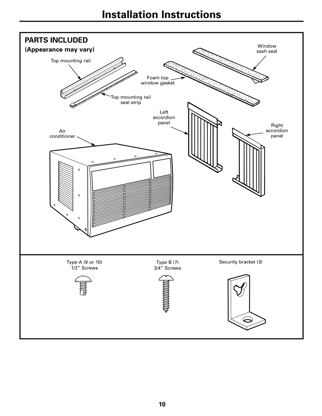 GE ASQ08, ASV08, ASM06, ASV06, ASQ06, ASS05 installation instructions Installation Instructions, Parts Included 