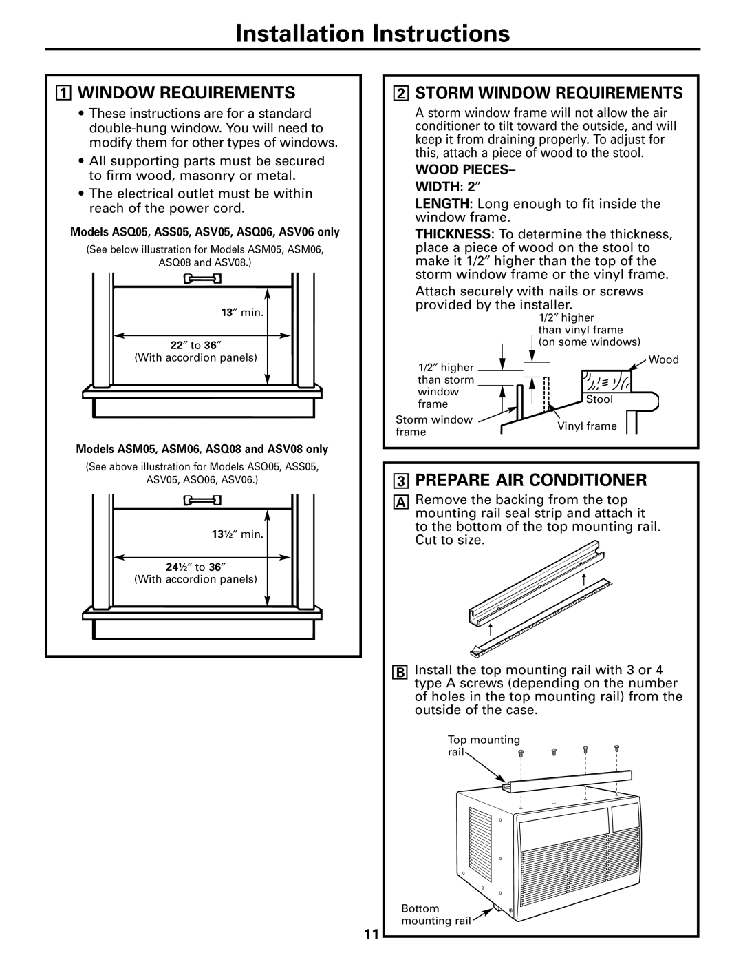 GE ASS05, ASV08, ASM06, ASV06, ASQ06, ASQ08 installation instructions Storm Window Requirements, Prepare AIR Conditioner 