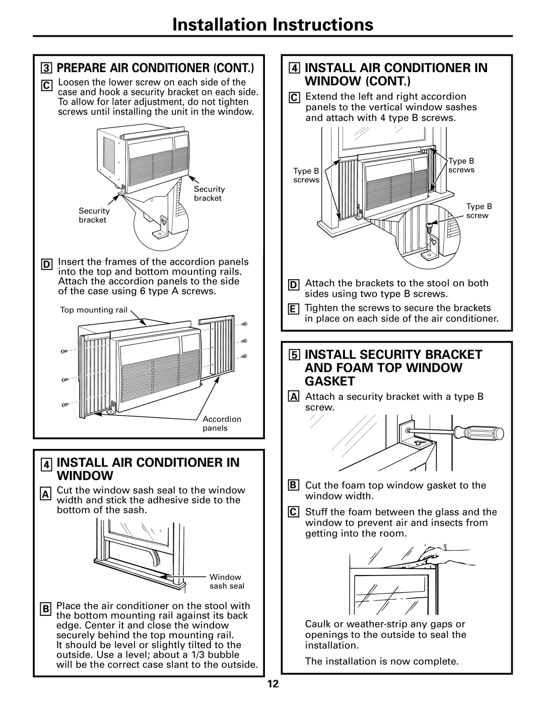 GE ASV08, ASM06, ASV06, ASQ06, ASQ08 Install AIR Conditioner in Window, Install Security Bracket and Foam TOP Window Gasket 