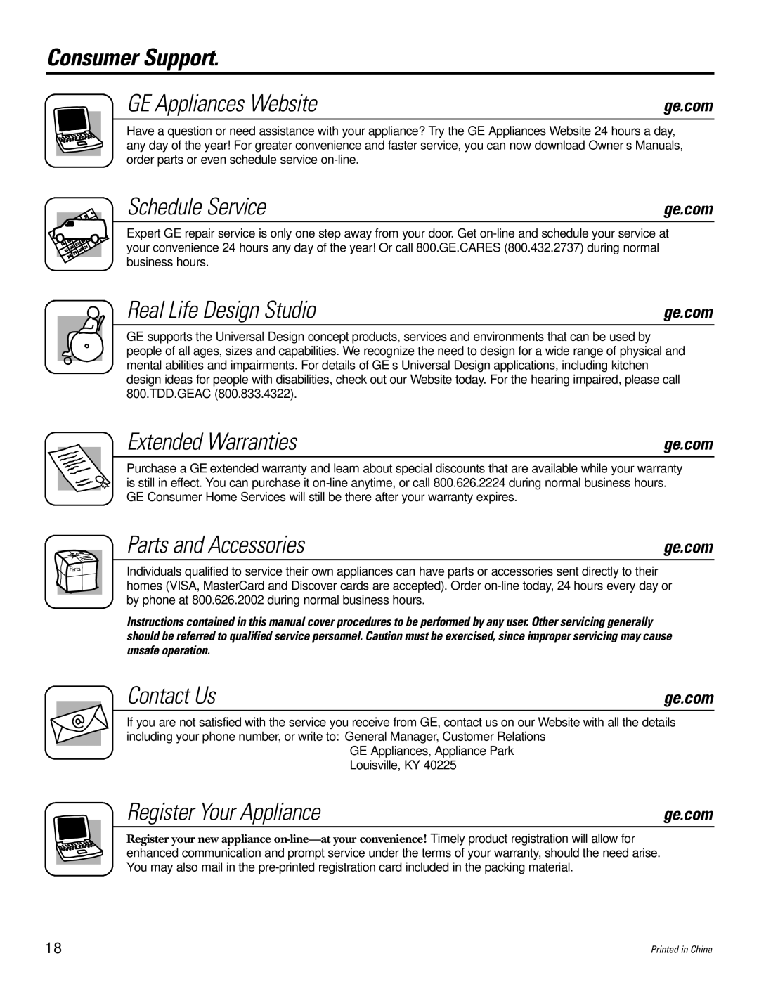 GE ASV08, ASM06 Consumer Support GE Appliances Website, Schedule Service, Real Life Design Studio, Extended Warranties 