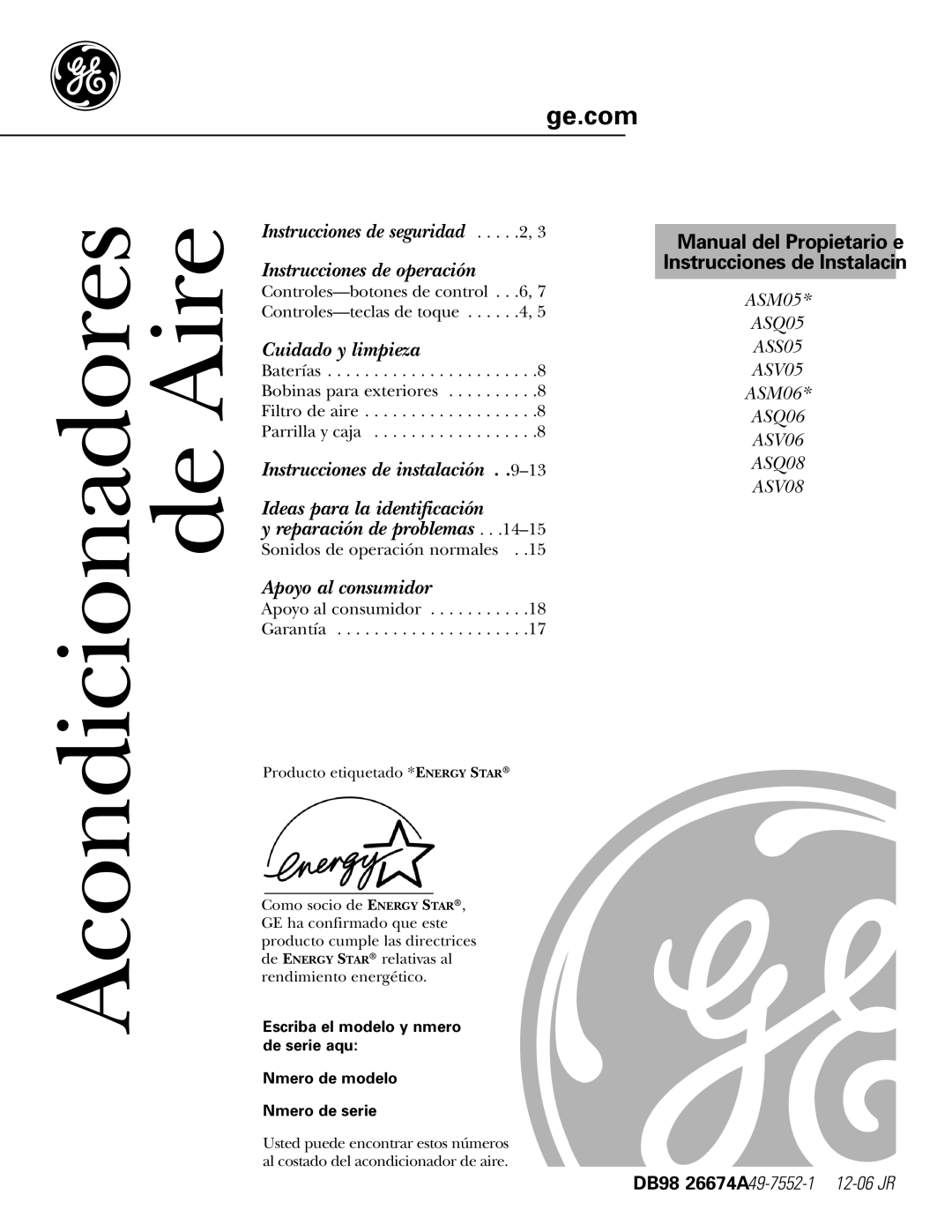 GE ASM06, ASV08, ASV06, ASQ06, ASQ08, ASS05 installation instructions Acondicionadores de Aire 