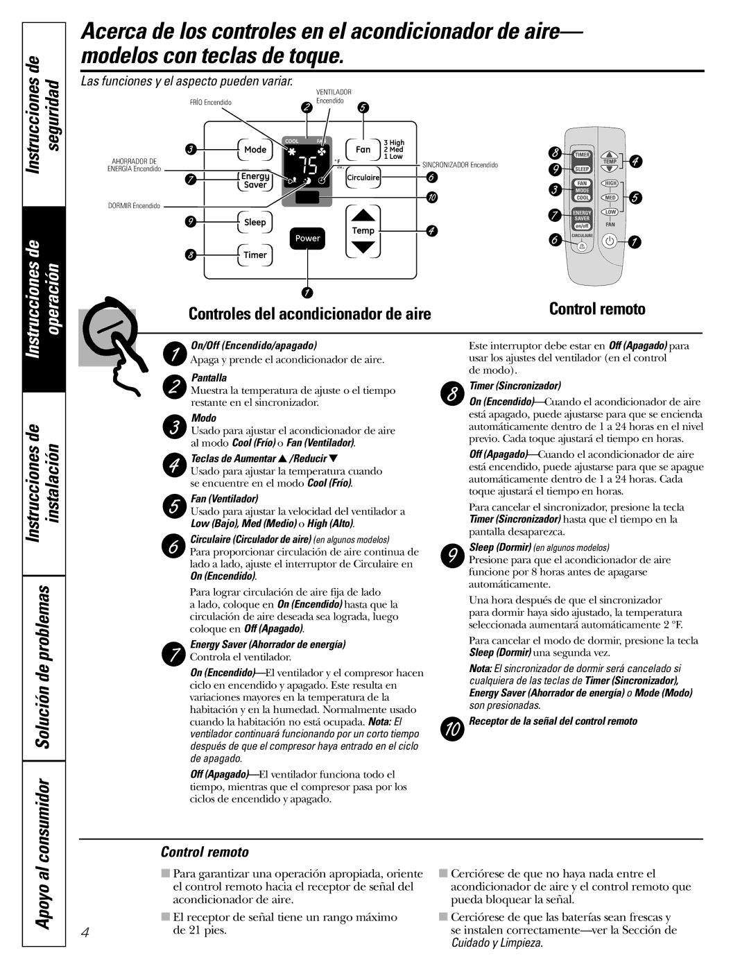 GE ASQ08, ASV08, ASM06, ASV06, ASQ06, ASS05 installation instructions Instrucciones de Seguridad, Apoyo al, Control remoto 