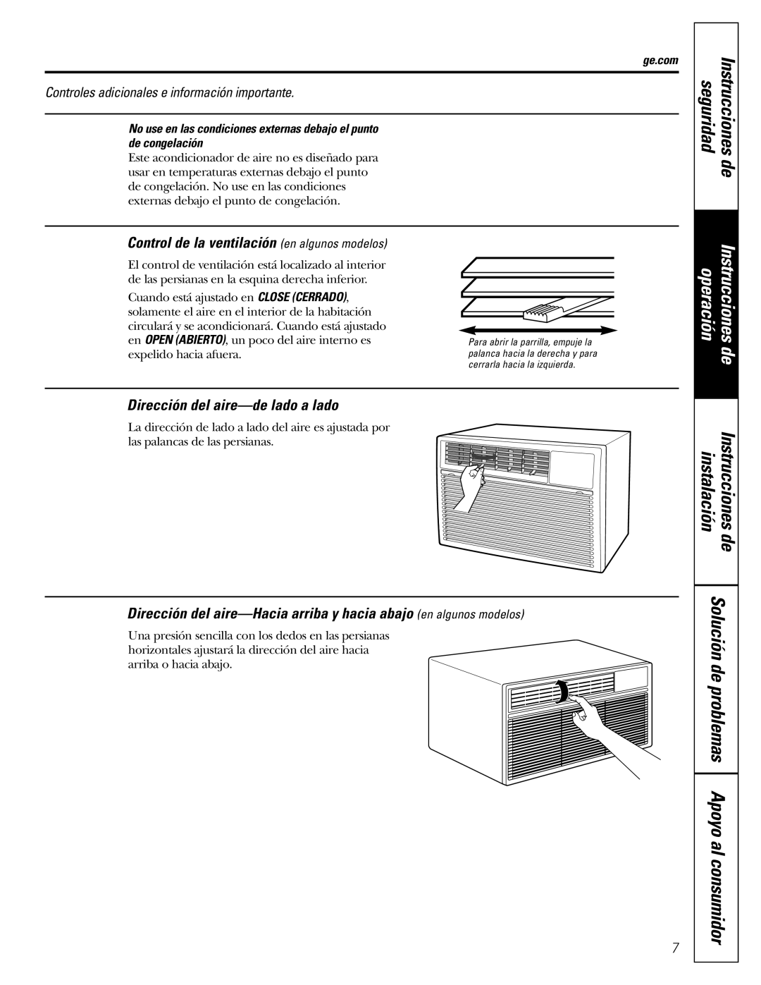 GE ASM06, ASV08, ASV06, ASQ06, ASQ08 Solución de problemas Apoyo al consumidor instalación, Dirección del aire-de lado a lado 