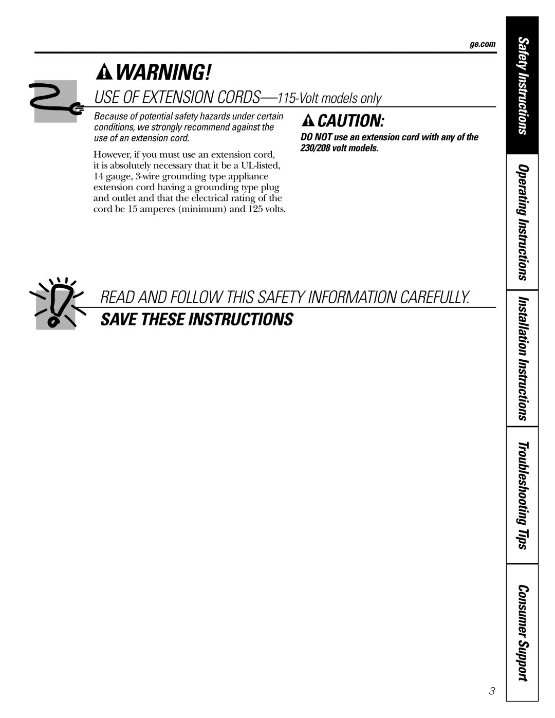 GE ASQ06, ASV08, ASM06, ASV06, ASQ08, ASS05 installation instructions USE of Extension CORDS-115-Volt models only, Ge.com 