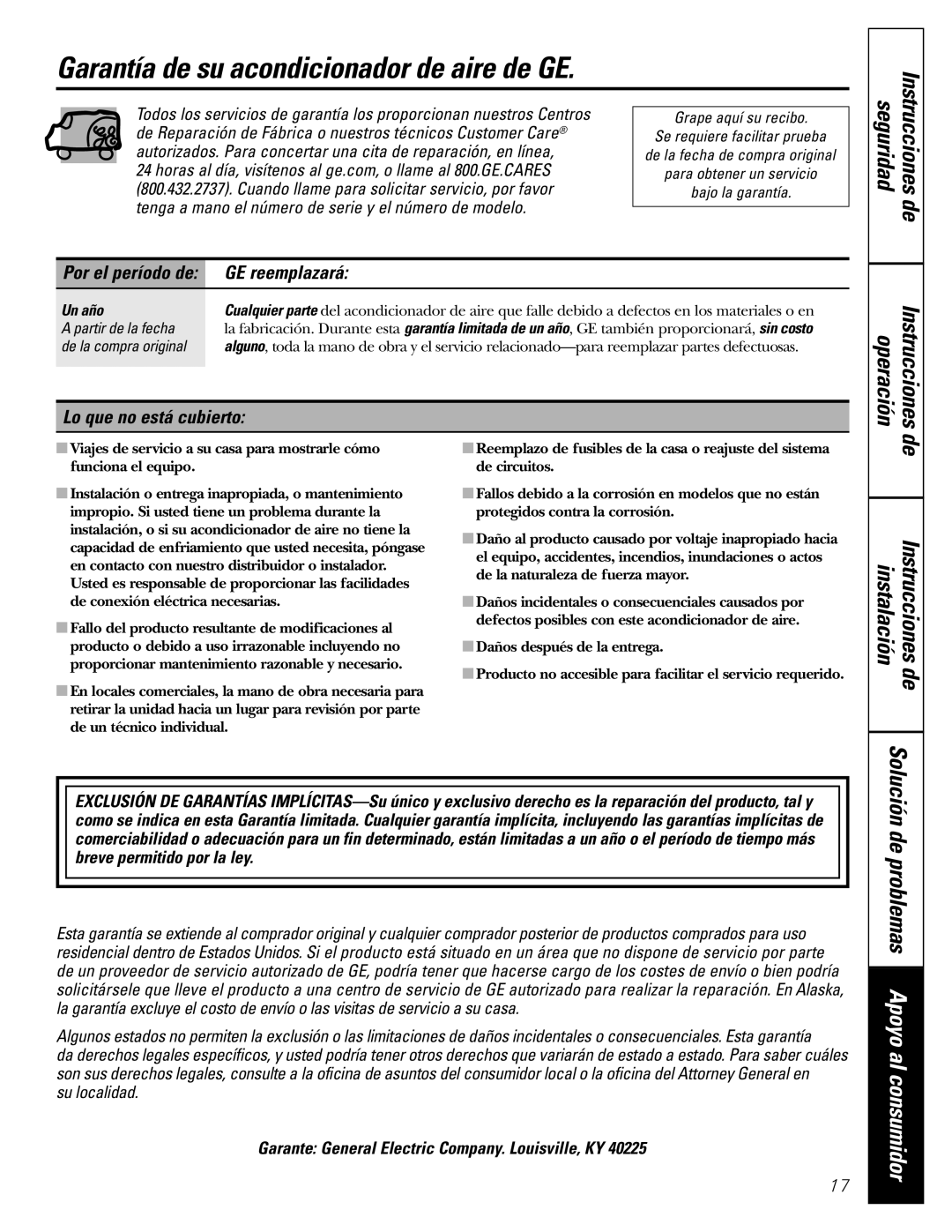 GE ASS05, ASV08, ASM06, ASV06 Garantía de su acondicionador de aire de GE, GE reemplazará, Lo que no está cubierto, Un año 