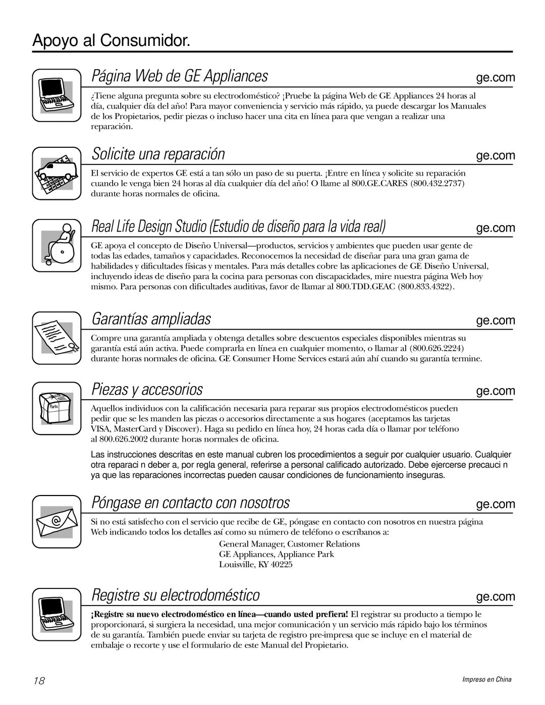 GE ASV08, ASM06, ASV06, ASQ06 Apoyo al Consumidor Página Web de GE Appliances, Solicite una reparación, Garantías ampliadas 