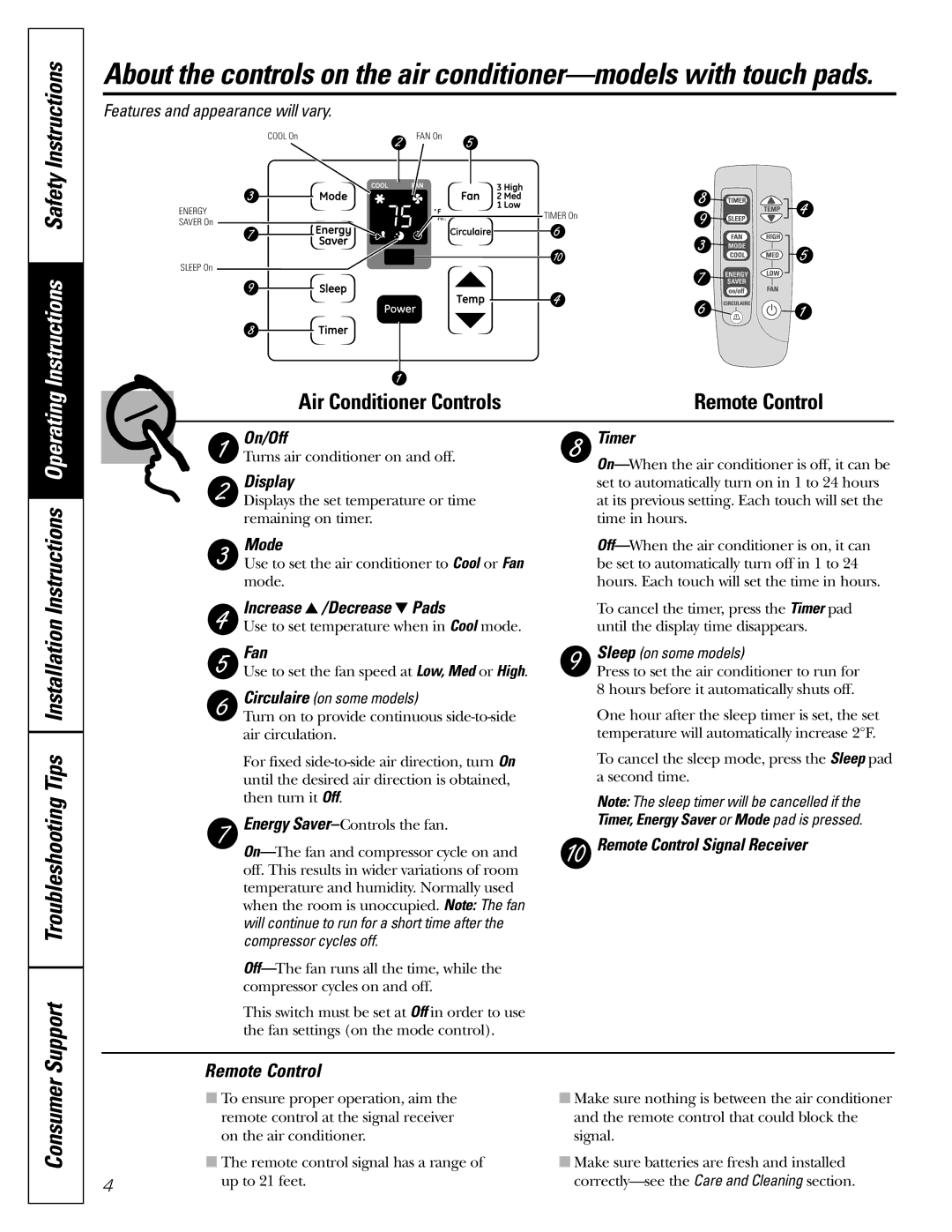 GE ASQ08, ASV08, ASM06, ASV06, ASQ06, ASS05 installation instructions Instructions Safety Instructions, Remote Control 