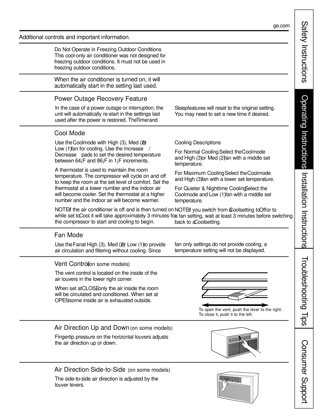 GE ASS05, ASV08, ASM06, ASV06 Troubleshooting Tips Consumer Support, Power Outage Recovery Feature, Cool Mode, Fan Mode 
