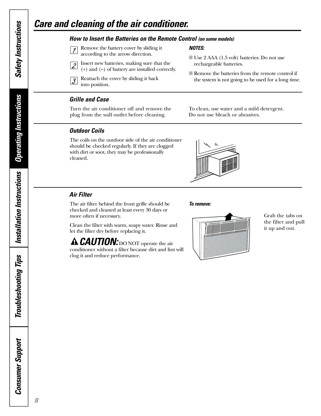 GE ASV06, ASV08, ASM06, ASQ06, ASQ08, ASS05 Care and cleaning of the air conditioner, Instructions, Safety 