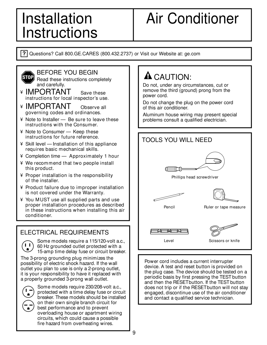 GE ASQ06, ASV08, ASM06, ASV06, ASQ08, ASS05 Before YOU Begin, Electrical Requirements, Tools YOU will Need 