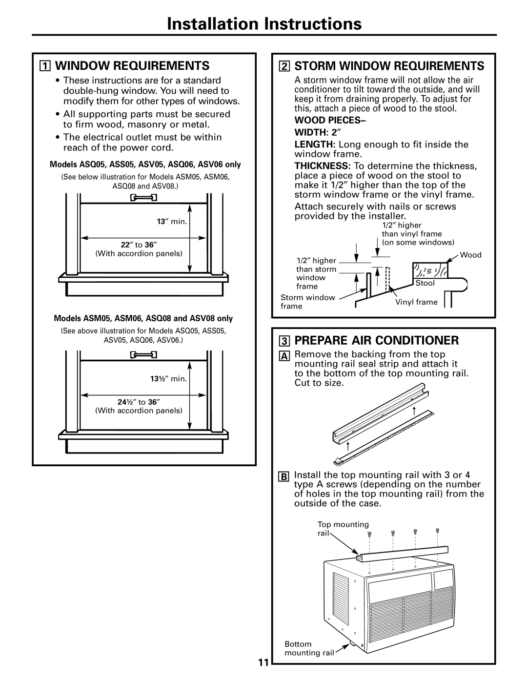 GE ASS05, ASV08 Installation Instructions, 1WINDOW REQUIREMENTS, 2STORM WINDOW REQUIREMENTS, 3PREPARE AIR CONDITIONER 