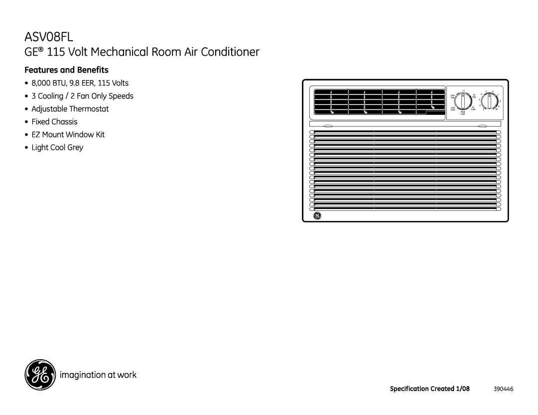 GE ASV08FL GE 115 Volt Mechanical Room Air Conditioner, Features and Benefits, 8,000 BTU, 9.8 EER, 115 Volts, 390446, Cool 