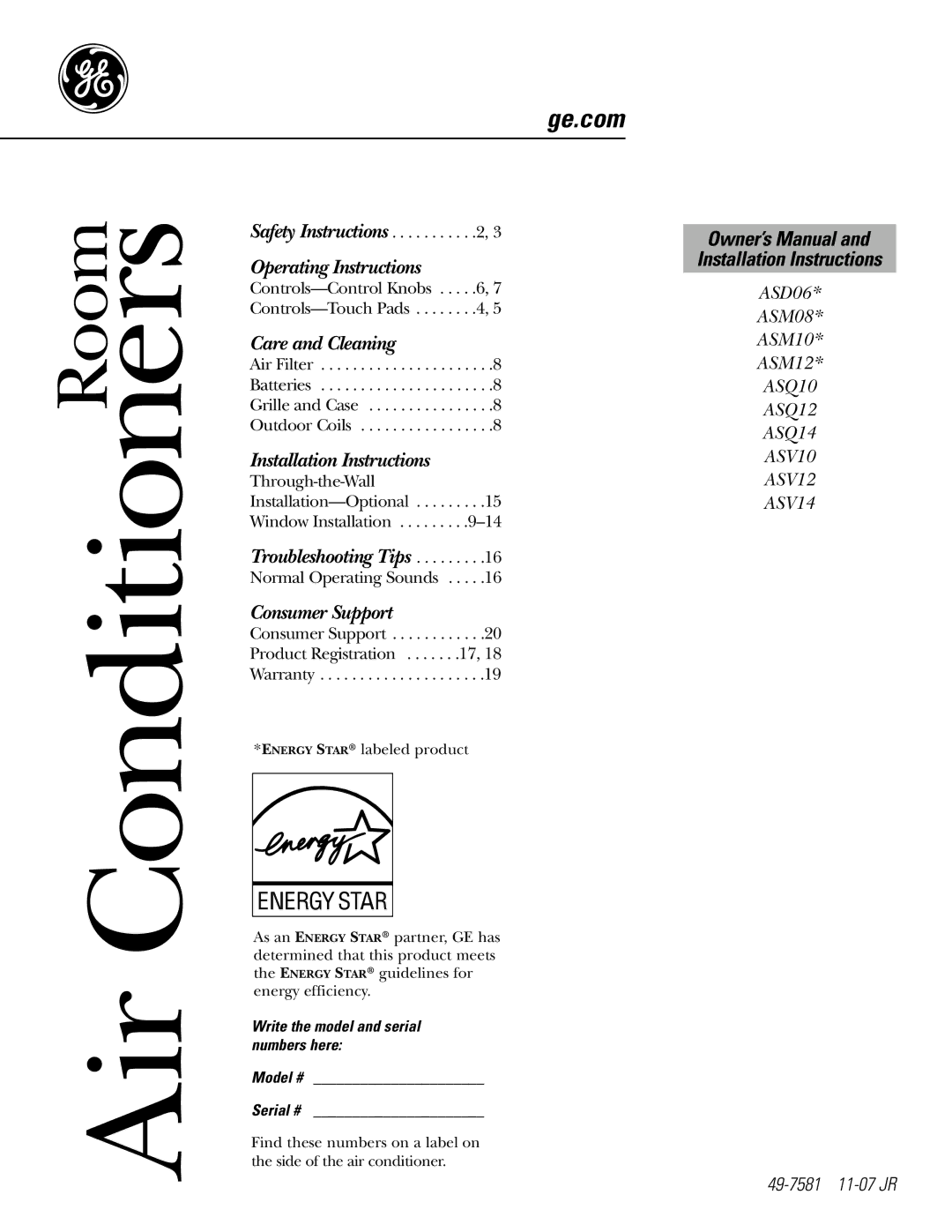 GE ASM10*, ASV10 installation instructions Air Conditioners, Write the model and serial numbers here Model # Serial # 