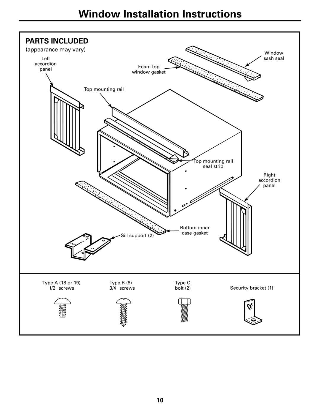 GE ASQ10, ASV10, ASM10*, ASM08*, ASQ12, ASQ14 installation instructions Window Installation Instructions, Parts Included 