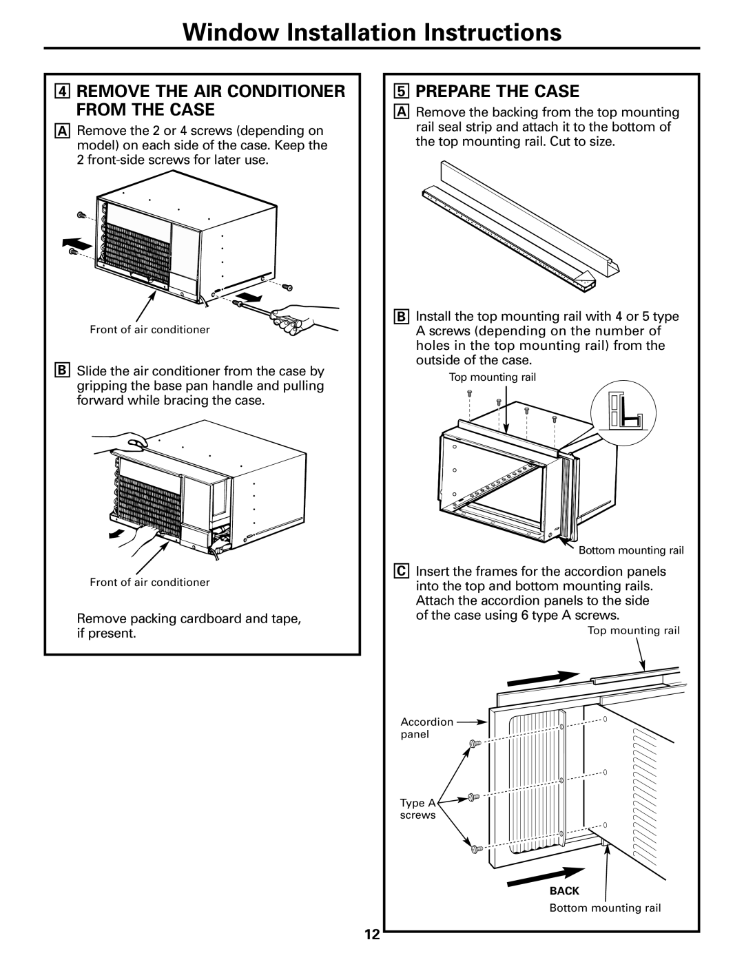 GE ASV10, ASM10*, ASM08*, ASQ12, ASQ10, ASQ14 Remove the AIR Conditioner from the Case, Prepare the Case 