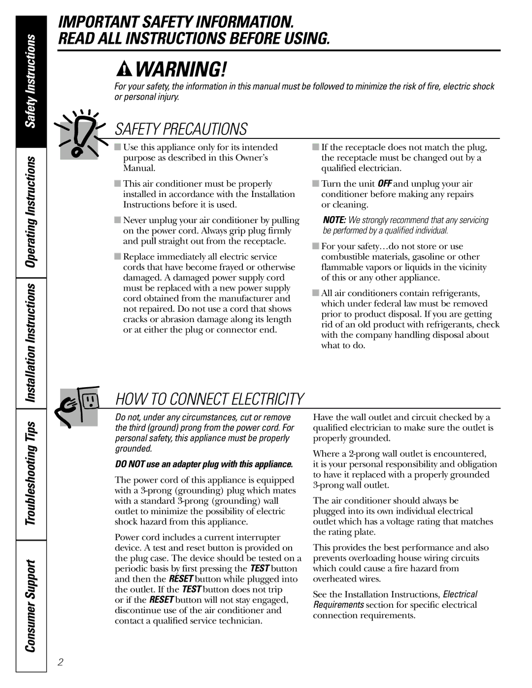 GE ASM08*, ASV10, ASM10*, ASQ12, ASQ10 Consumer Support Troubleshooting Tips, Do not use an adapter plug with this appliance 