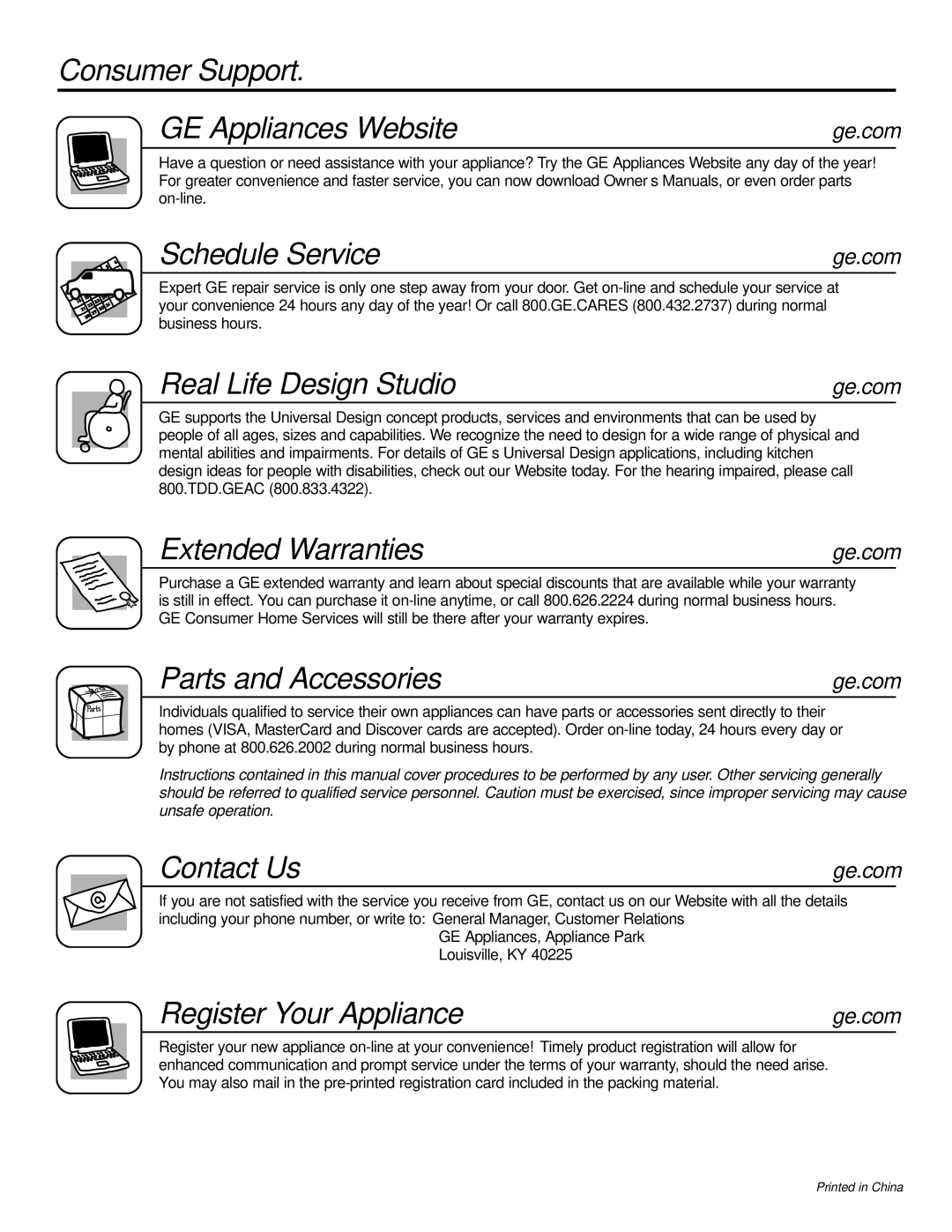 GE ASM08*, ASV10 Consumer Support GE Appliances Website, Schedule Service, Real Life Design Studio, Extended Warranties 