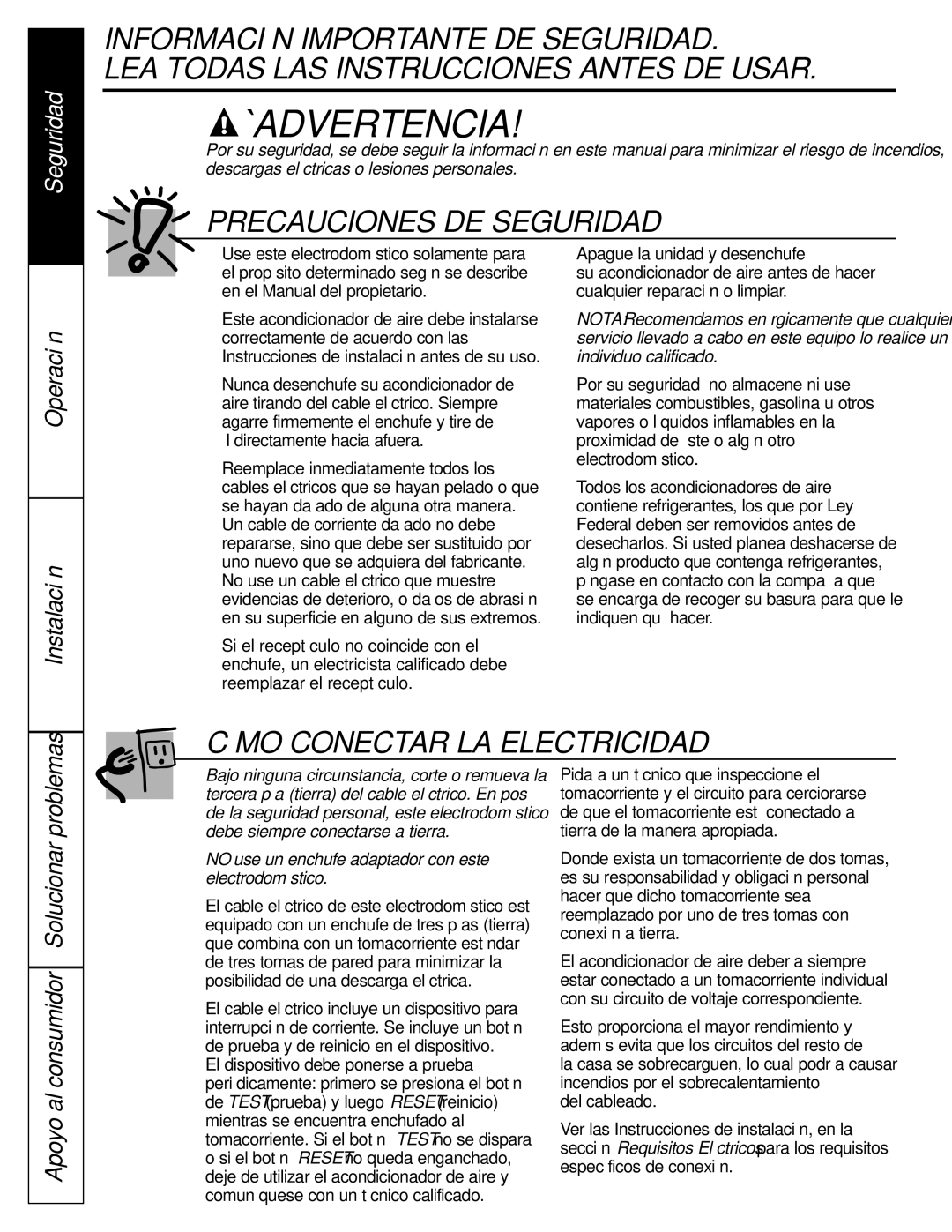 GE ASQ10, ASV10, ASM10*, ASM08*, ASQ12, ASQ14 installation instructions Seguridad 