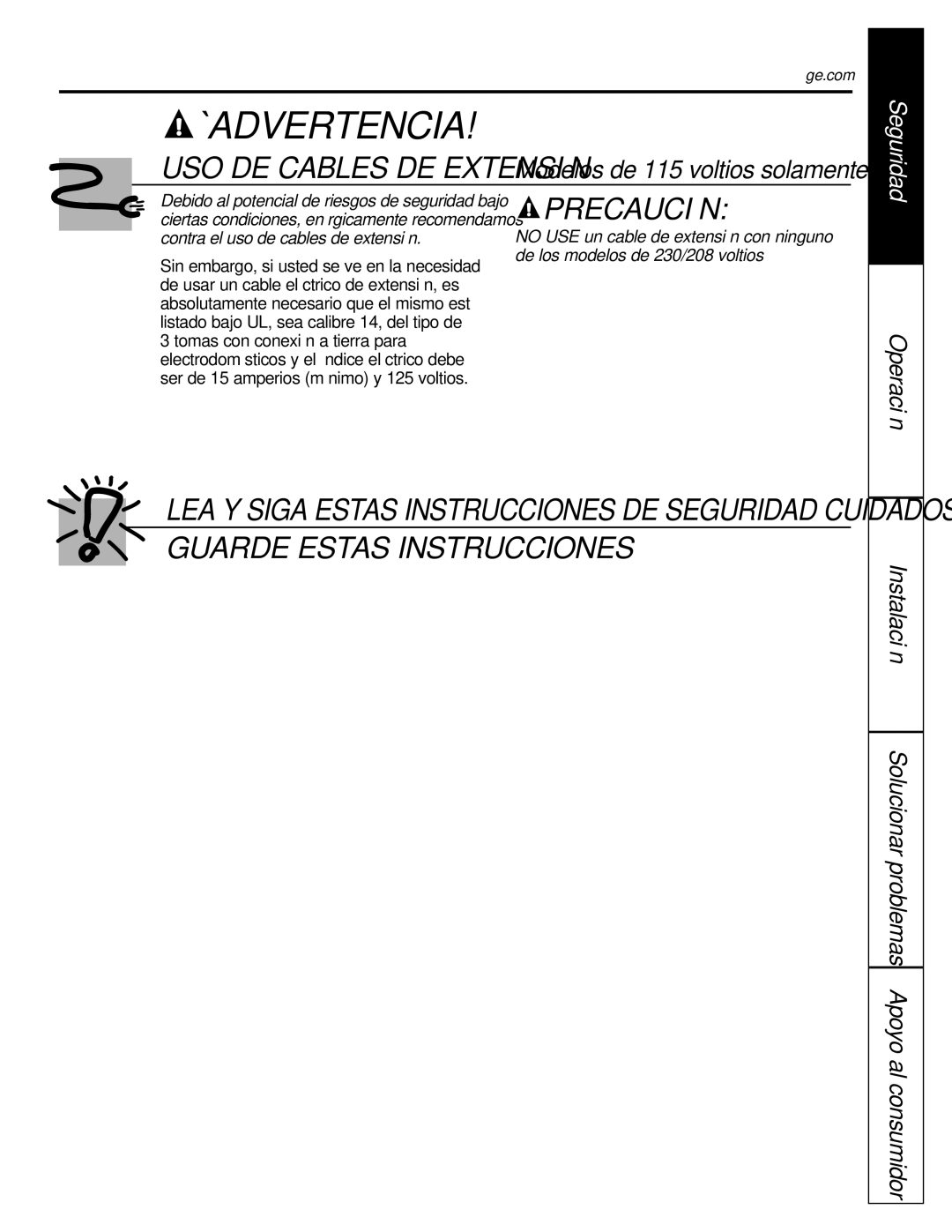 GE ASQ14, ASV10, ASM10*, ASM08*, ASQ12, ASQ10 installation instructions ¡Advertencia, Solucionar problemas Apoyo al consumidor 