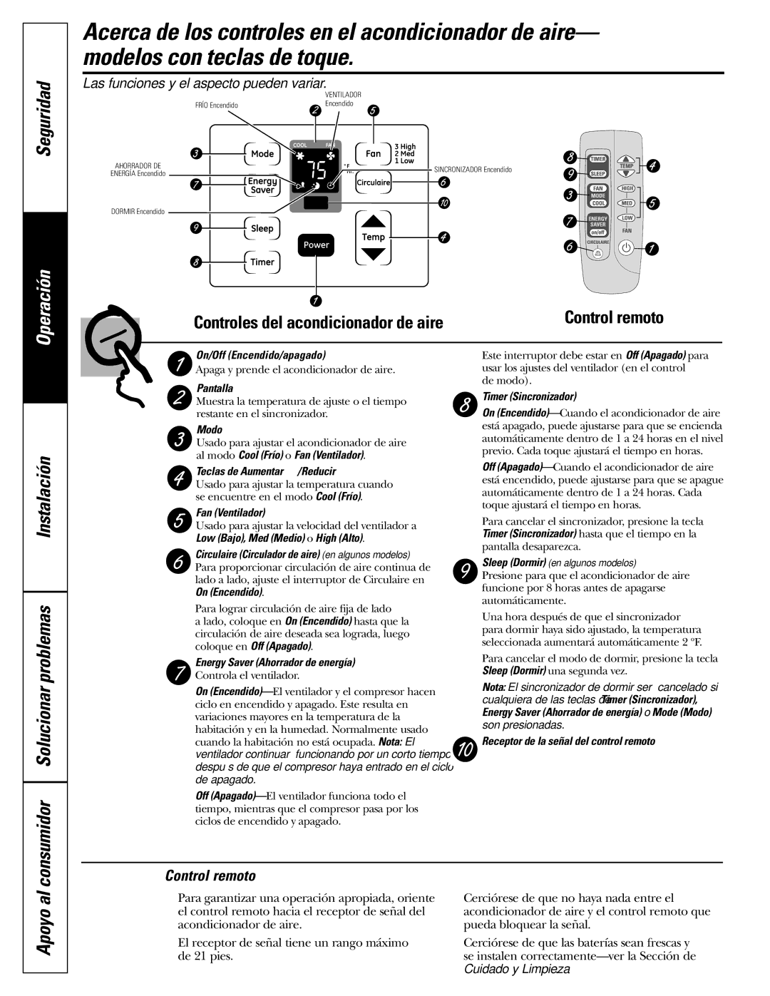 GE ASV10, ASM10*, ASM08*, ASQ12, ASQ10, ASQ14 installation instructions Control remoto, Las funciones y el aspecto pueden variar 