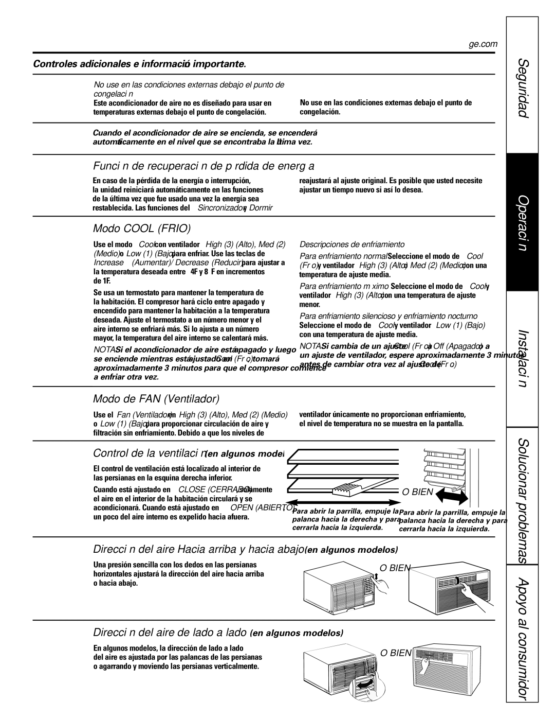GE ASM10*, ASV10, ASM08* Instalación, Función de recuperación de pérdida de energía, Modo Cool Frio, Modo de FAN Ventilador 