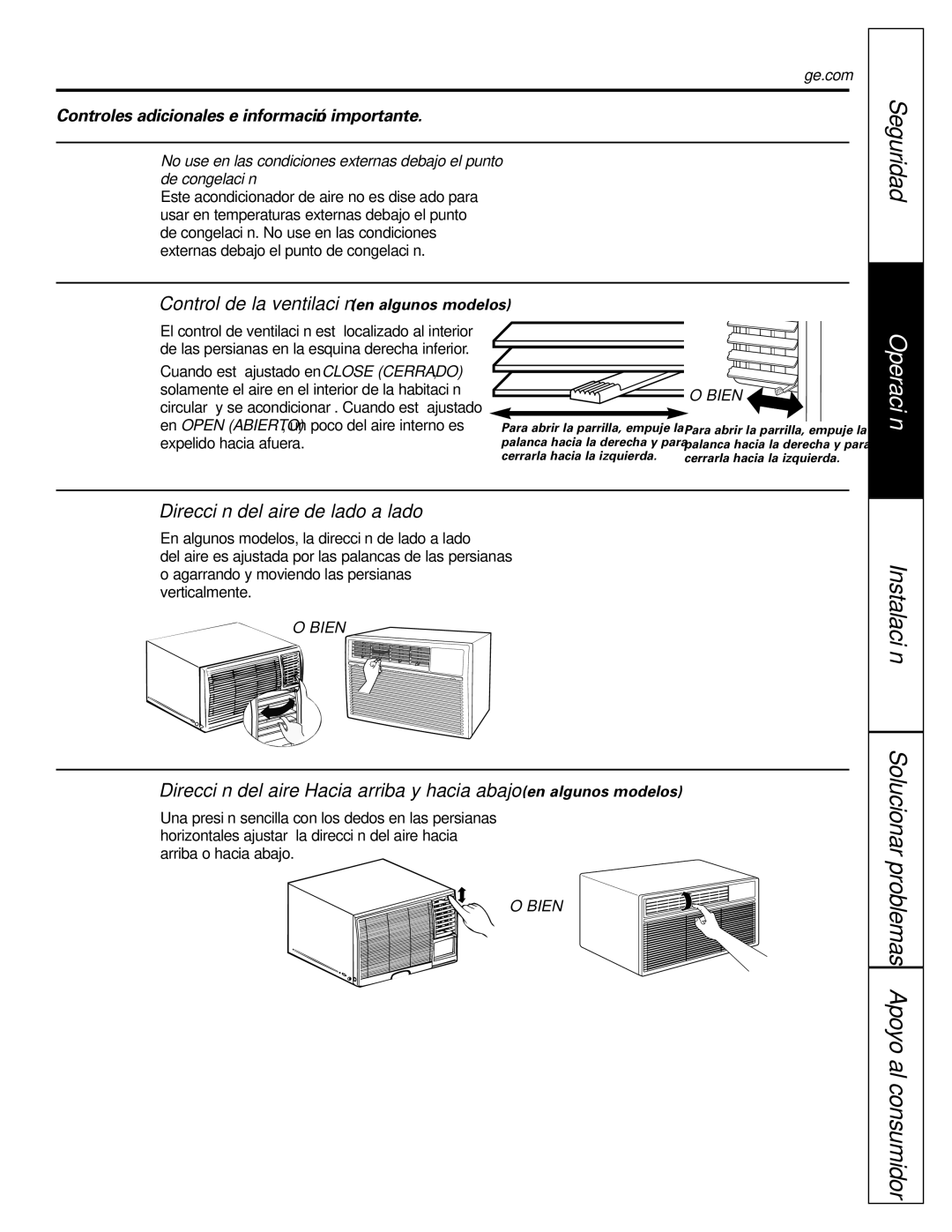 GE ASQ12, ASV10, ASM10*, ASM08*, ASQ10, ASQ14 installation instructions Dirección del aire-de lado a lado, Ge.com 