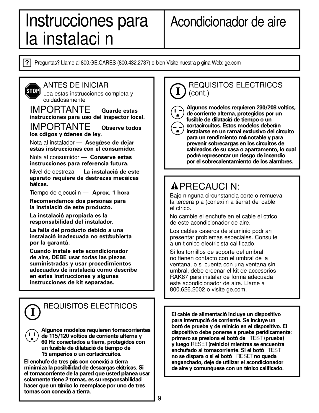 GE ASQ14, ASV10, ASM10*, ASM08*, ASQ12, ASQ10 installation instructions Antes DE Iniciar, Requisitos Electricos 