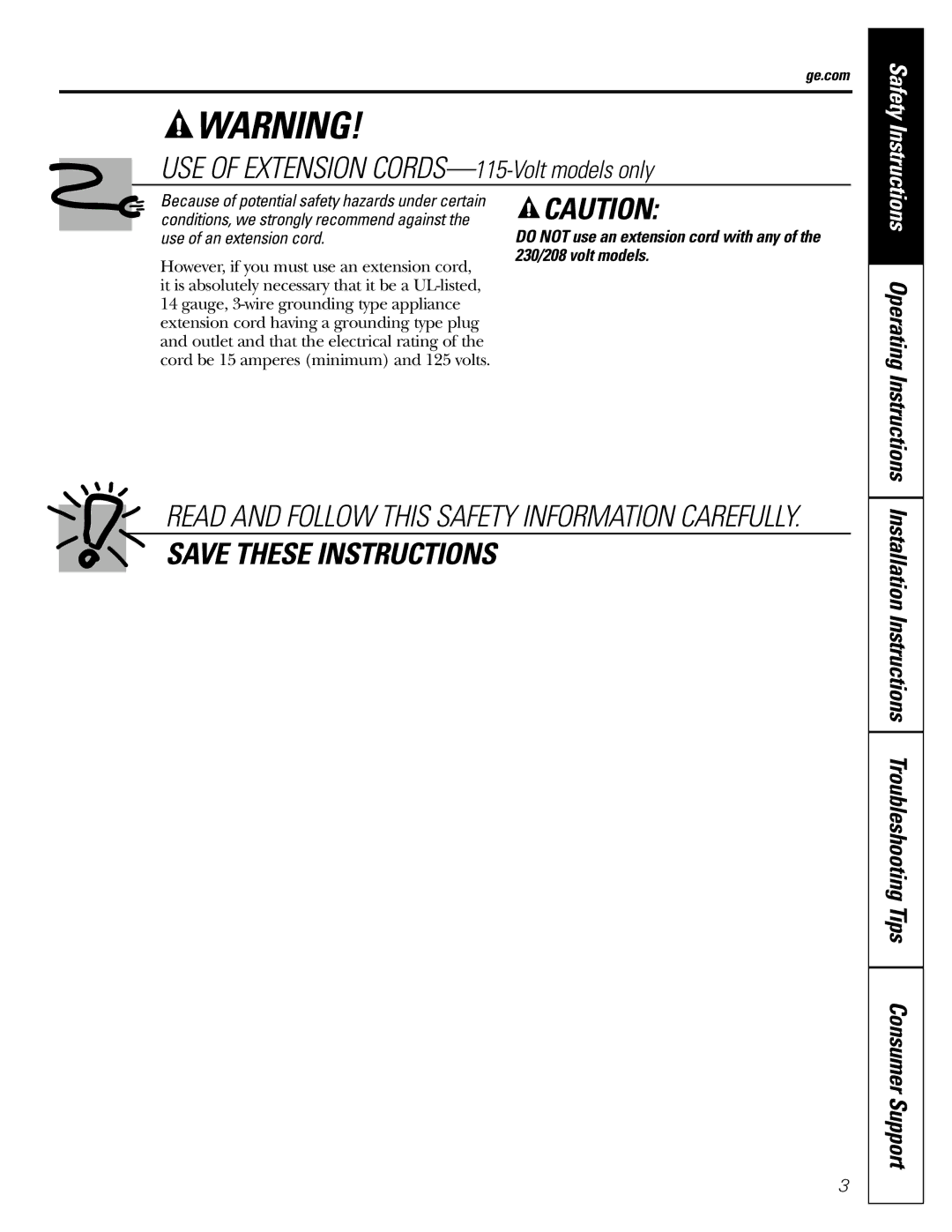 GE ASQ12, ASV10, ASM10*, ASM08*, ASQ10, ASQ14 installation instructions USE of Extension CORDS-115-Volt models only, Ge.com 