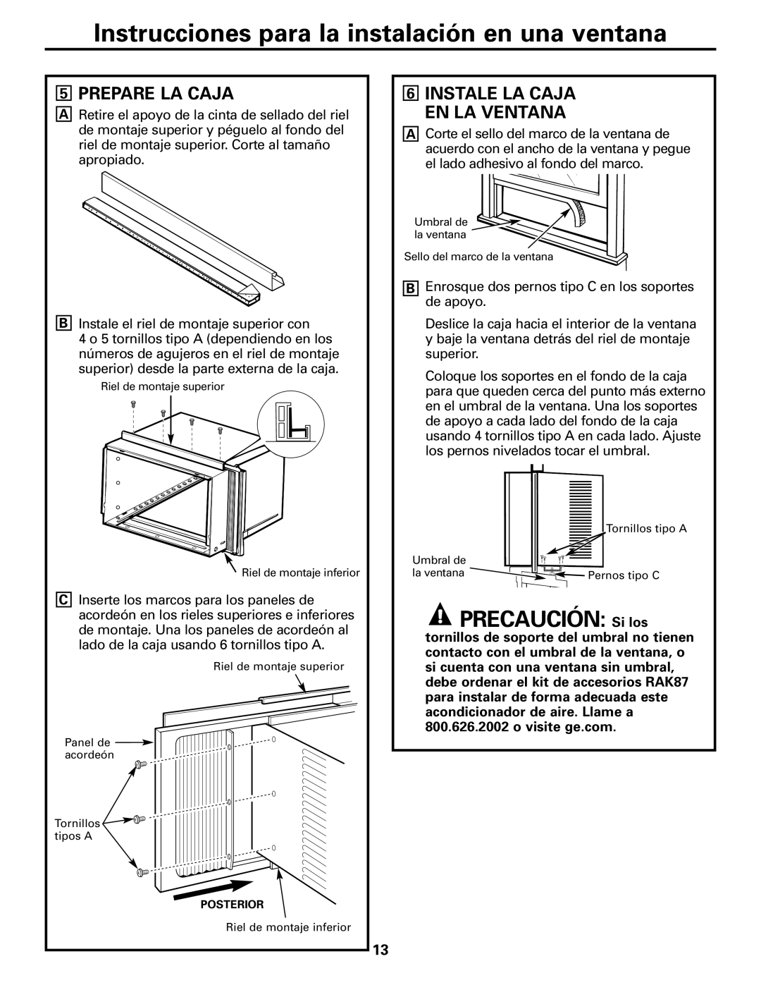 GE ASQ12, ASV10, ASM10*, ASM08*, ASQ10, ASQ14 installation instructions Prepare LA Caja, Instale LA Caja EN LA Ventana 