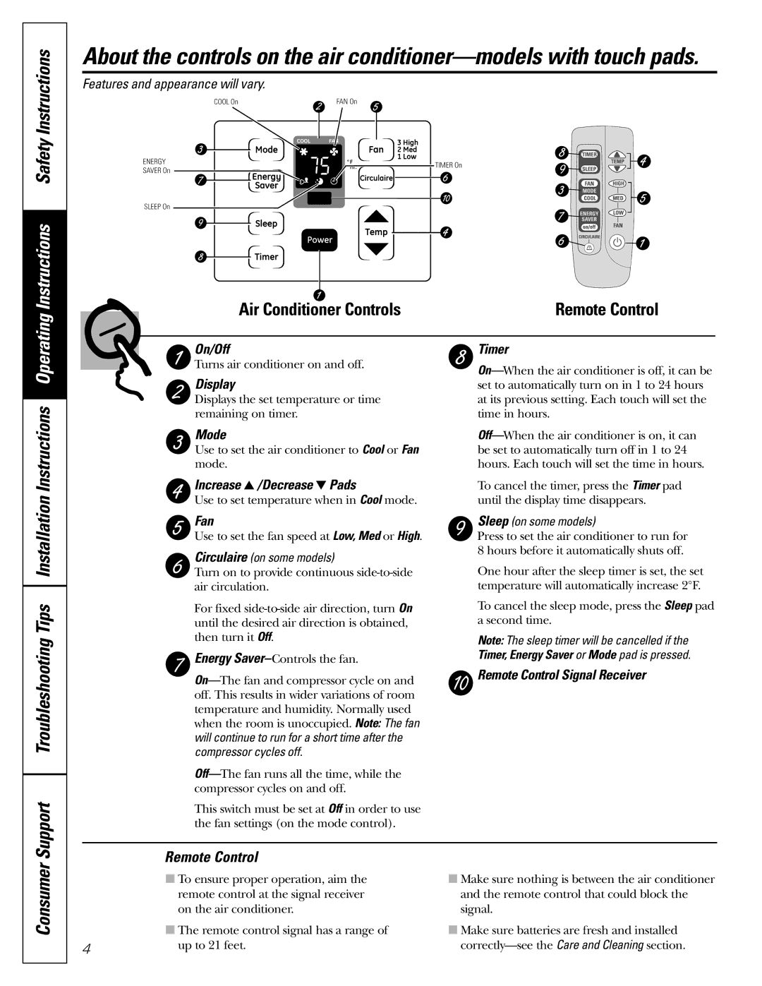 GE ASQ10, ASV10, ASM10*, ASM08*, ASQ12, ASQ14 installation instructions Consumer, Remote Control 