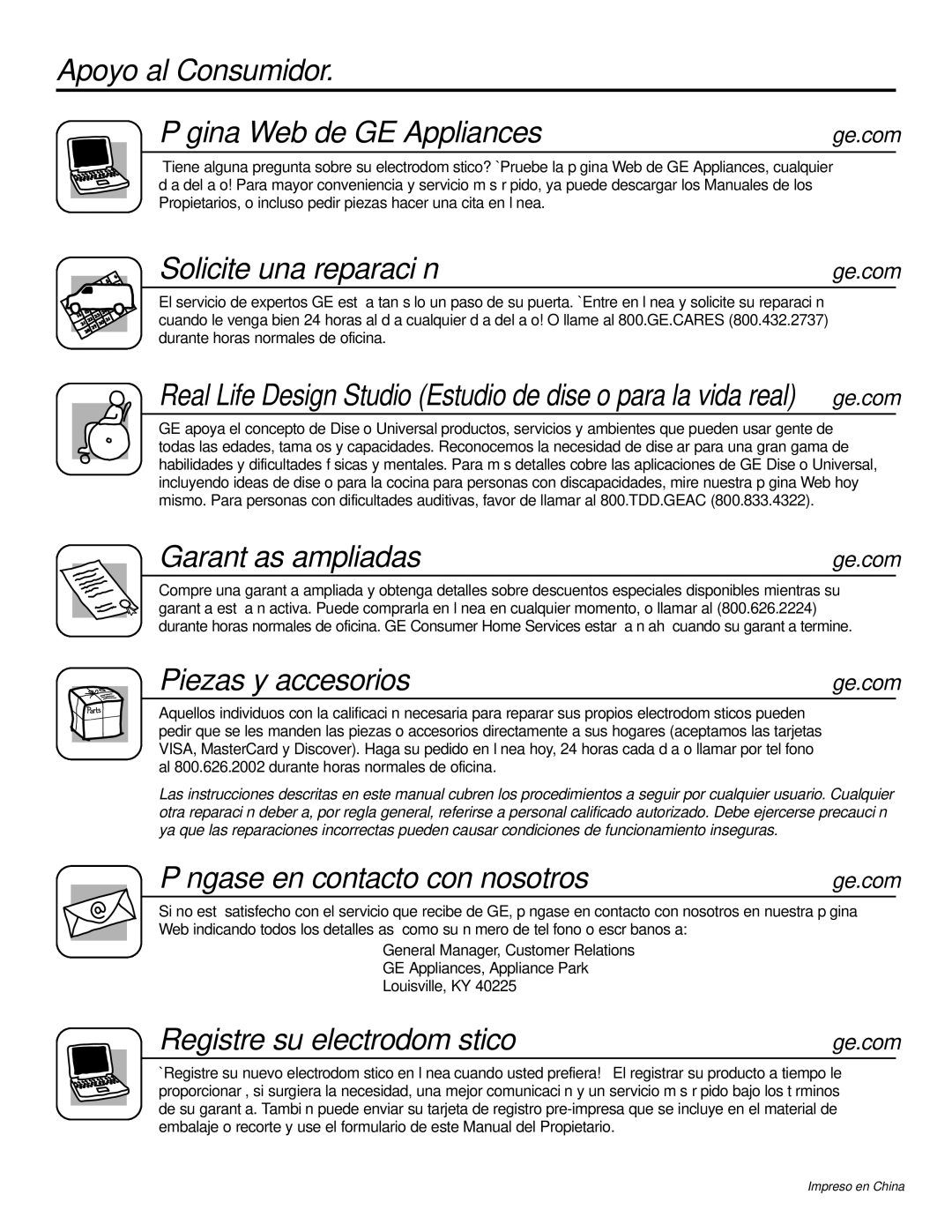 GE ASQ10, ASV10, ASM10*, ASQ12 Apoyo al Consumidor Página Web de GE Appliances, Solicite una reparación, Garantías ampliadas 