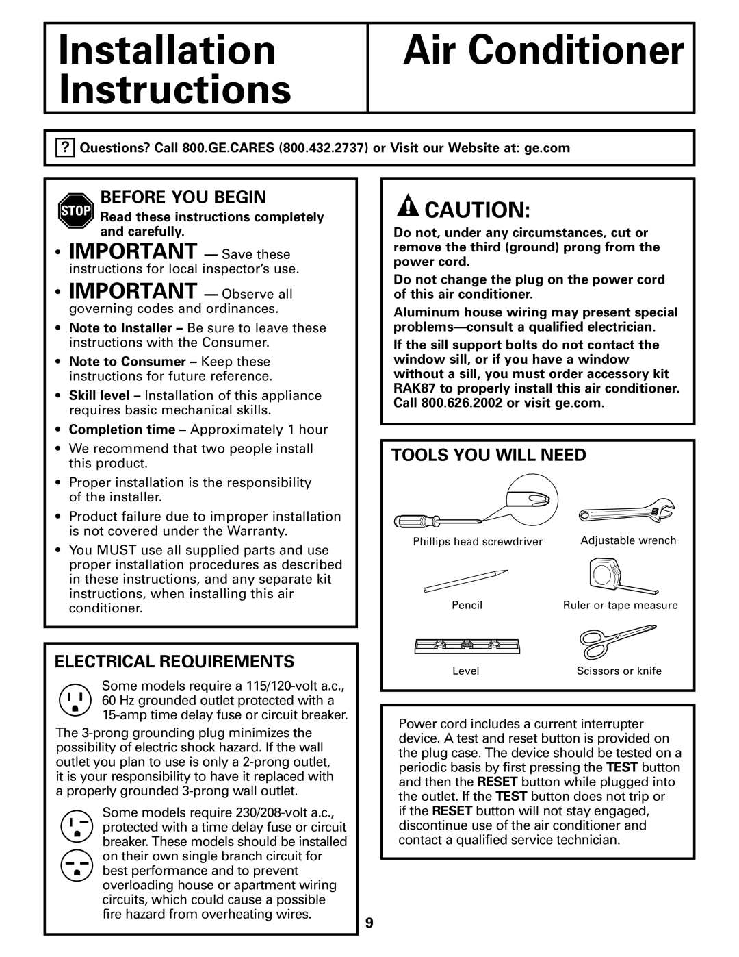 GE ASQ12, ASV10, ASM10*, ASM08*, ASQ10, ASQ14 Before YOU Begin, Electrical Requirements, Tools YOU will Need 