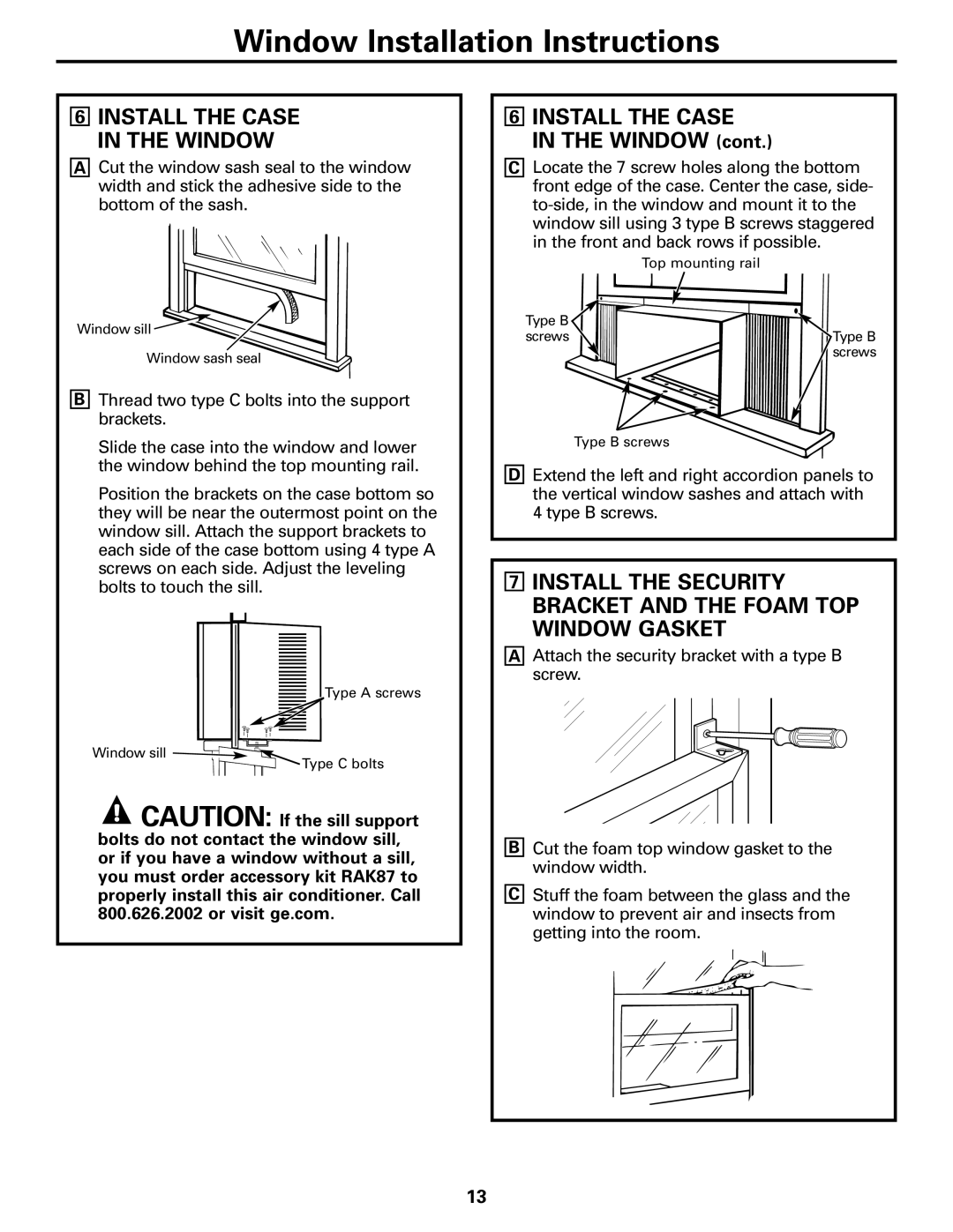 GE ASM10*, ASV10, ASM08*, ASQ12, ASQ10, ASQ14 6INSTALL THE CASE IN THE WINDOW cont, Window Installation Instructions 