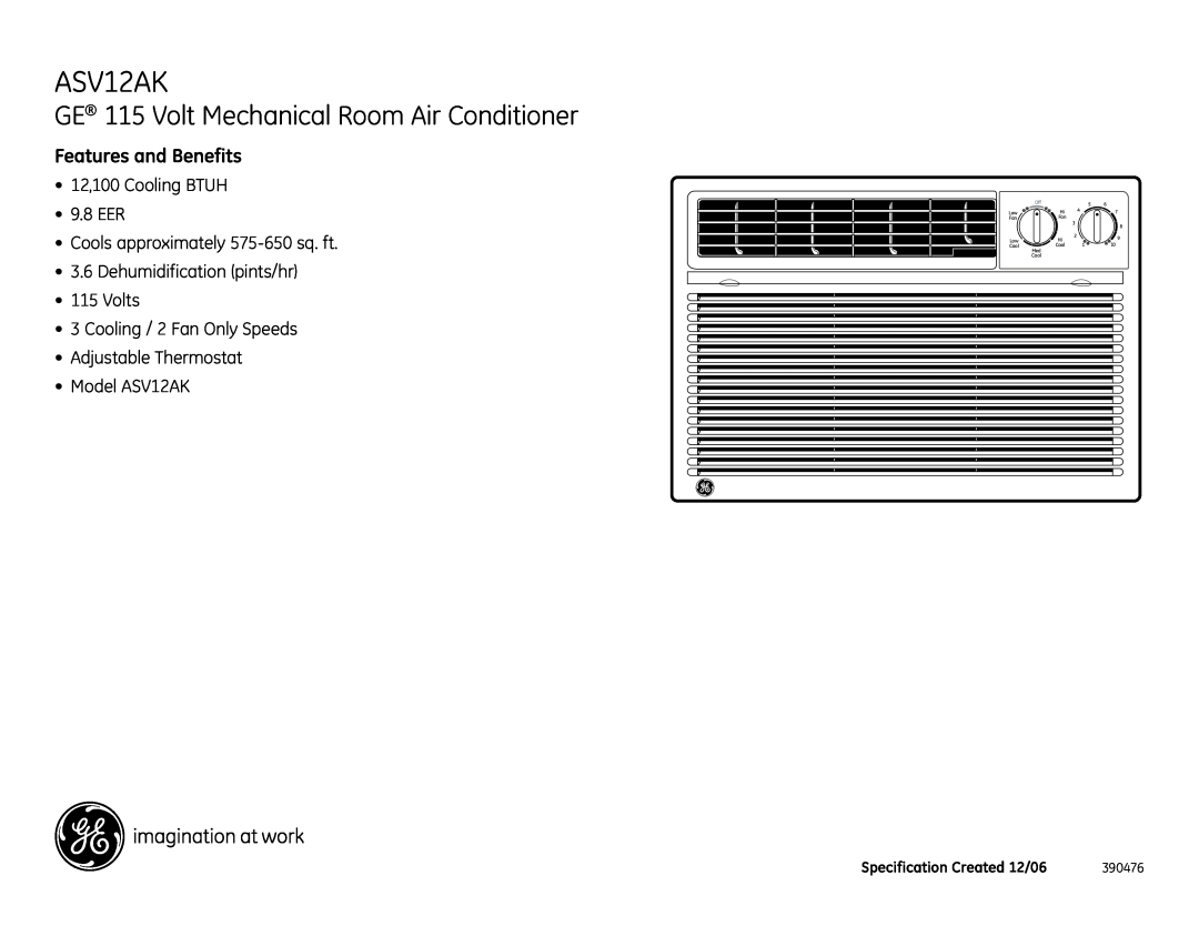 GE ASV12AK GE 115 Volt Mechanical Room Air Conditioner, Features and Benefits, 12,100 Cooling BTUH 9.8 EER, 390476 
