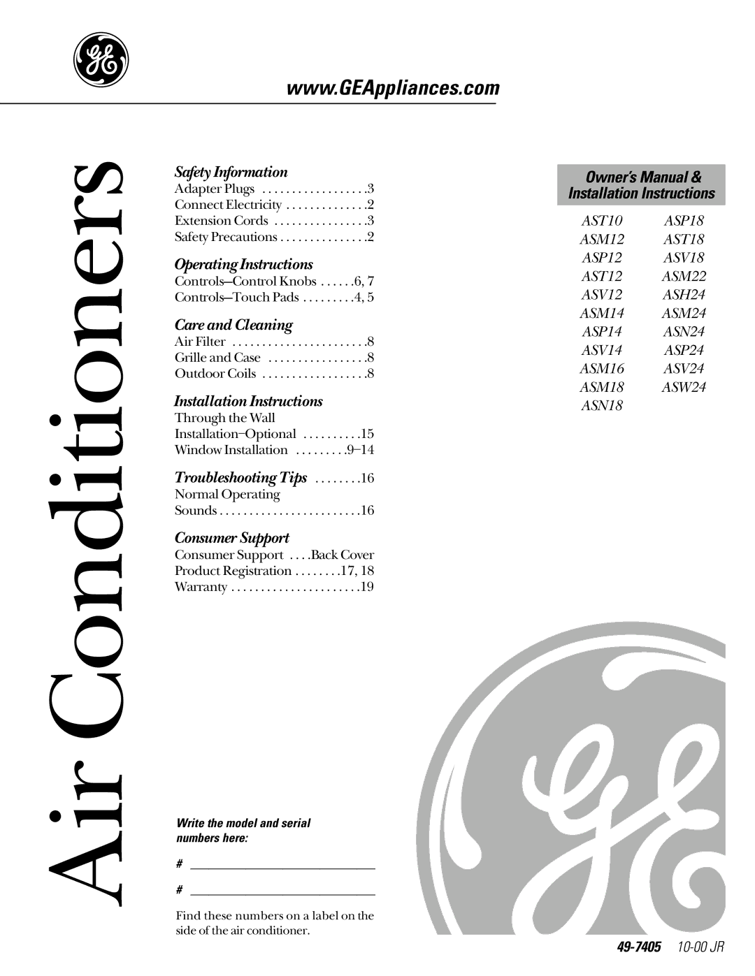 GE ASP24, ASV18, ASP12, ASM12, ASM14, ASM16, ASP18, ASP14 owner manual 49-7405 10-00 JR, Write the model and serial numbers here 