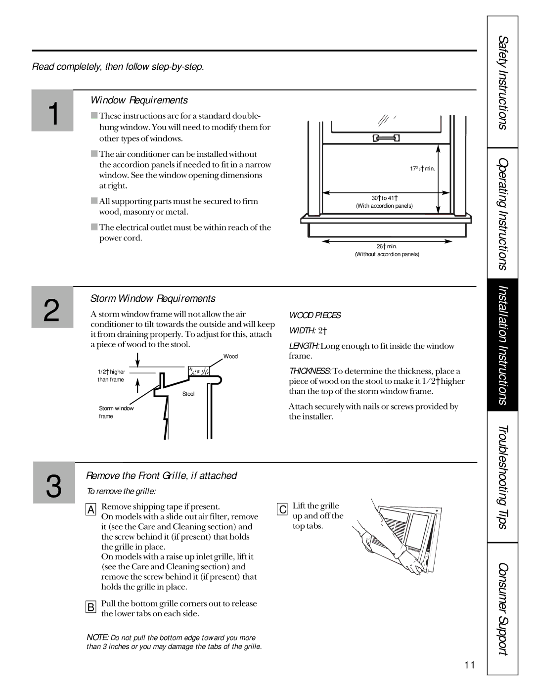 GE AST12, ASV18, ASP24 Troubleshooting Tips Consumer, Storm Window Requirements, Remove the Front Grille, if attached 