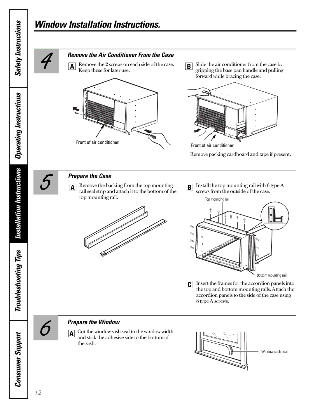 GE AST18, ASV18 Operating Instructions, Remove the Air Conditioner From the Case, Prepare the Case, Prepare the Window 