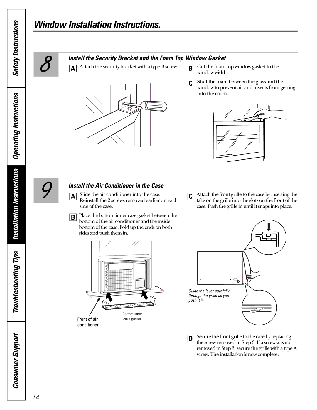 GE ASV12, ASV18, ASP24, ASP12 Consumer Support Troubleshooting, Install the Security Bracket and the Foam Top Window Gasket 