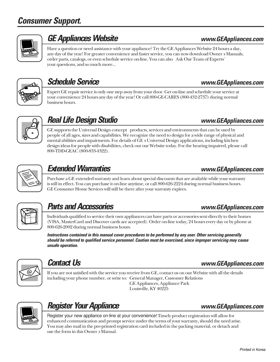 GE ASM14, ASV18 Consumer Support GE Appliances Website, Schedule Service, Real Life Design Studio, Extended Warranties 