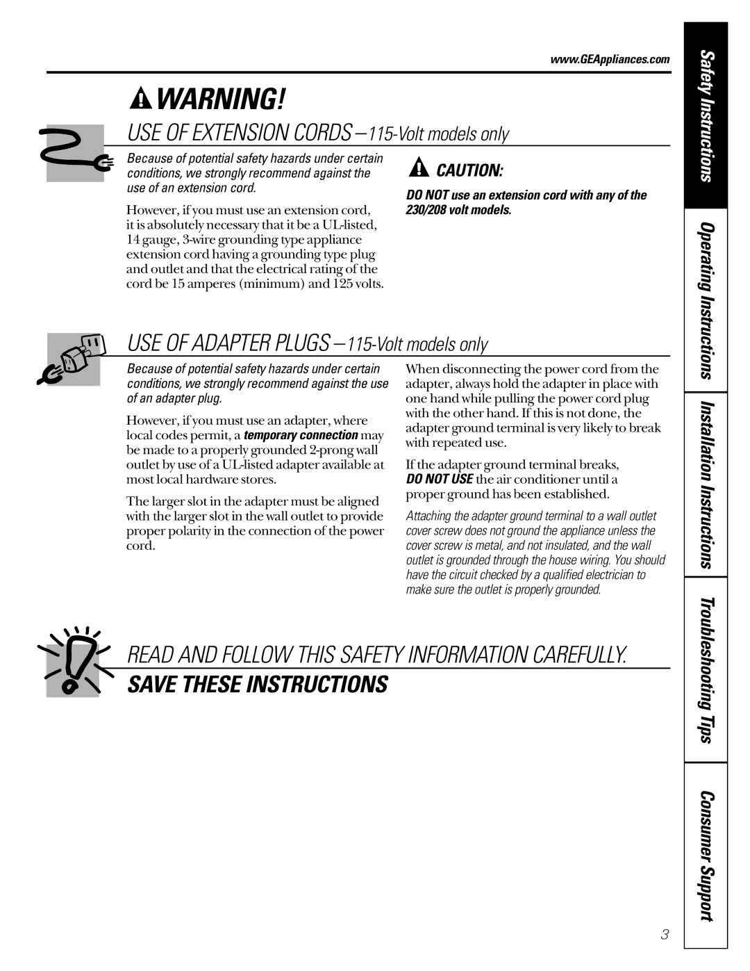 GE ASM12, ASV18, ASP24, ASP12, ASM14 USE of Extension Cords -115-Volt models only, Troubleshooting Tips Consumer Support 