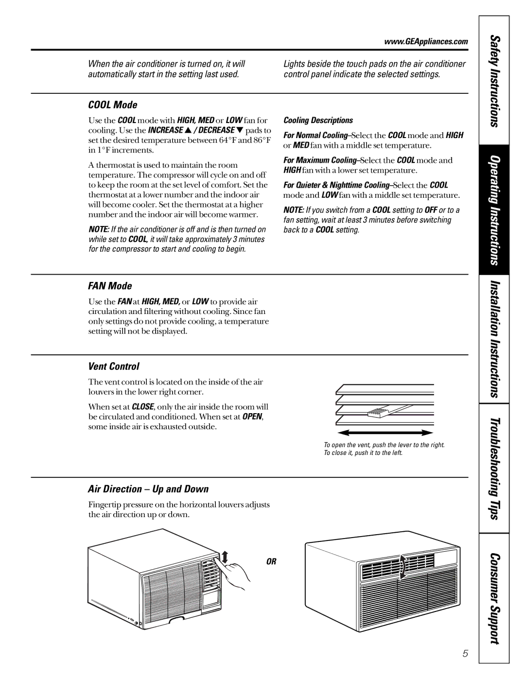 GE ASM16, ASV18, ASP24, ASP12, ASM12, ASM14 Cool Mode, FAN Mode, Vent Control, Air Direction Up and Down, Cooling Descriptions 