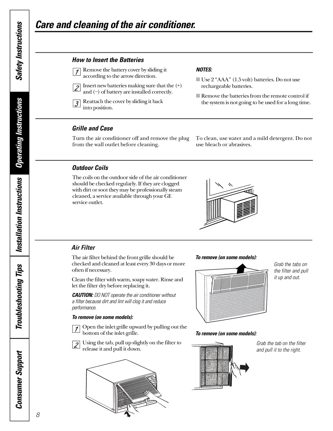 GE ASM22, ASV18, ASP24 Care and cleaning of the air conditioner, Troubleshooting Tips, Installation Instructions Operating 