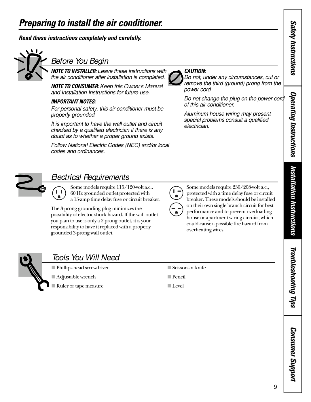 GE ASN18, ASV18, ASP24, ASP12 Preparing to install the air conditioner, Read these instructions completely and carefully 