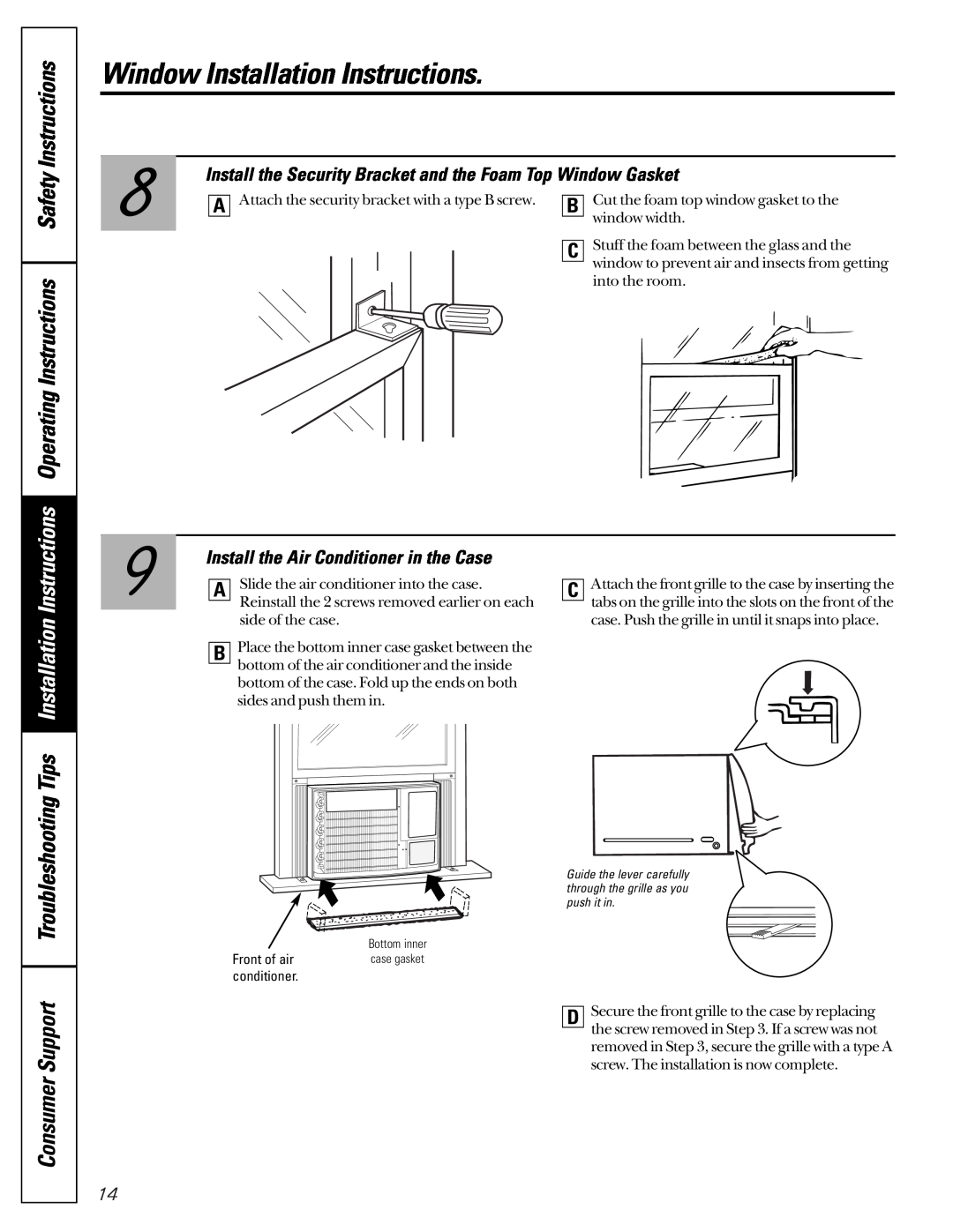 GE ASV12 Operating Instructions Safety Instructions, Consumer Support Troubleshooting, Window Installation Instructions 
