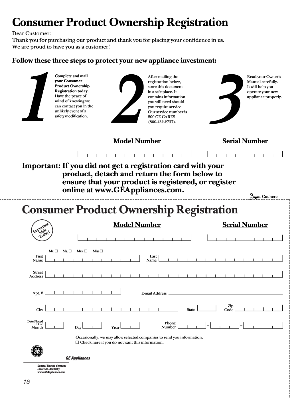 GE ASP12, ASV18, ASP24, ASM12, ASM14, ASM16, ASP18, ASP14 Model Number, Serial Number, Consumer Product Ownership Registration 