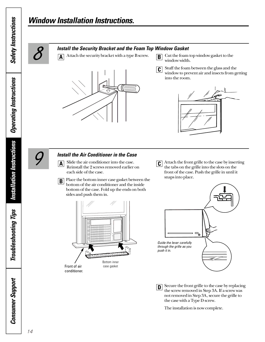 GE ASM18, ASV18, ASW24, ASV24 Consumer Support Troubleshooting, Install the Security Bracket and the Foam Top Window Gasket 