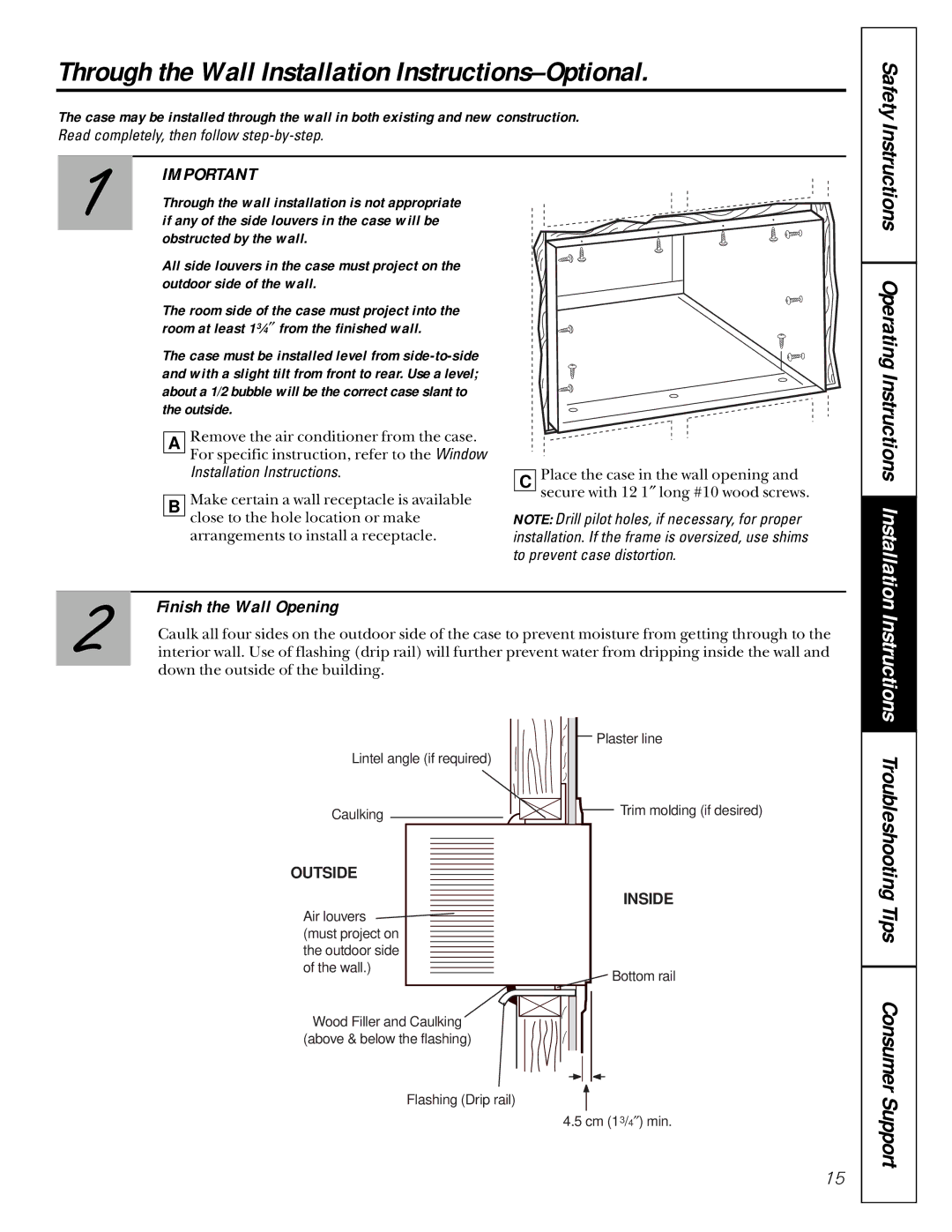 GE ASH18, ASV18 Through the Wall Installation Instructions-Optional, Instructions Operating Instructions Installation 