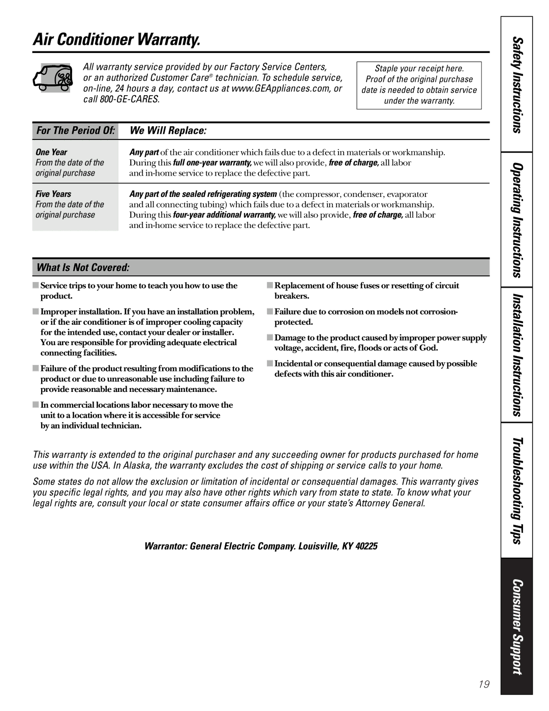GE AST10, ASV18 Air Conditioner Warranty, Safety Instructions Operating Instructions, We Will Replace, What Is Not Covered 