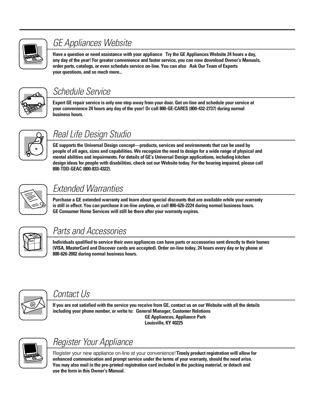 GE ASV12, ASV18 Consumer Support GE Appliances Website, Schedule Service, Real Life Design Studio, Extended Warranties 