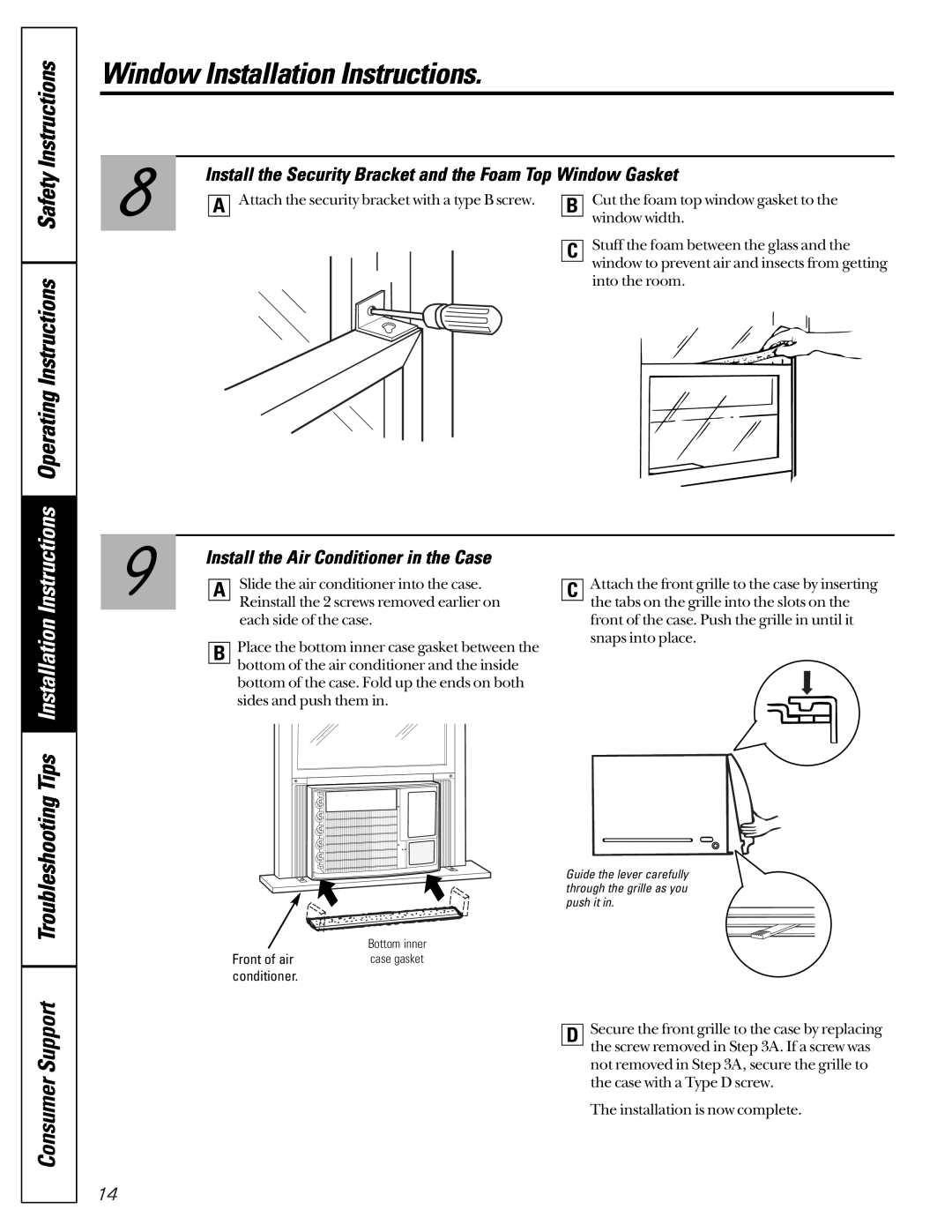GE ASM18 Operating Instructions Safety Instructions, Consumer Support Troubleshooting, Window Installation Instructions 
